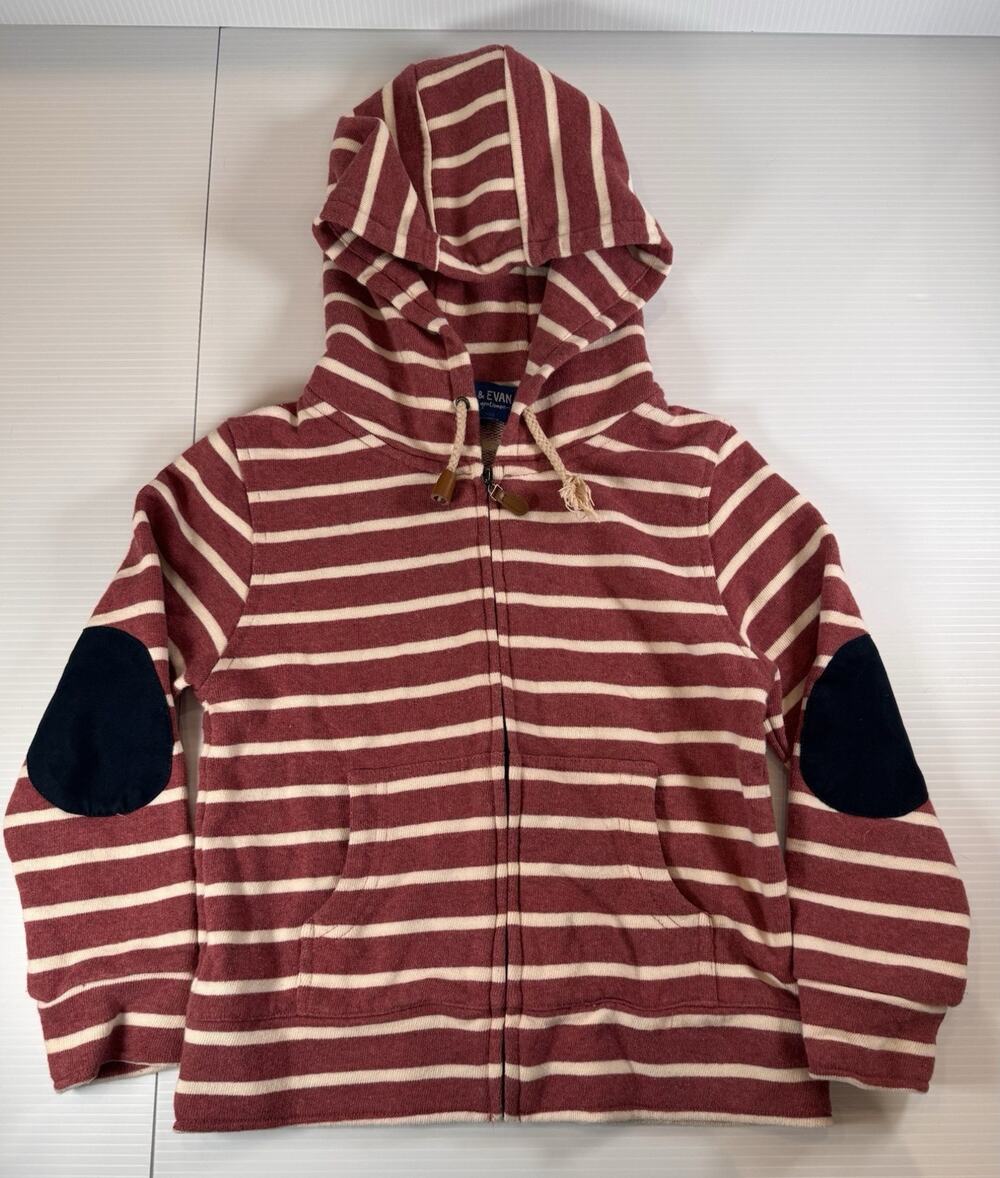 Andy Evan Boys Size 5 Striped Hoodie Red Cream Elbow Patch Full Zip Pocket Knit